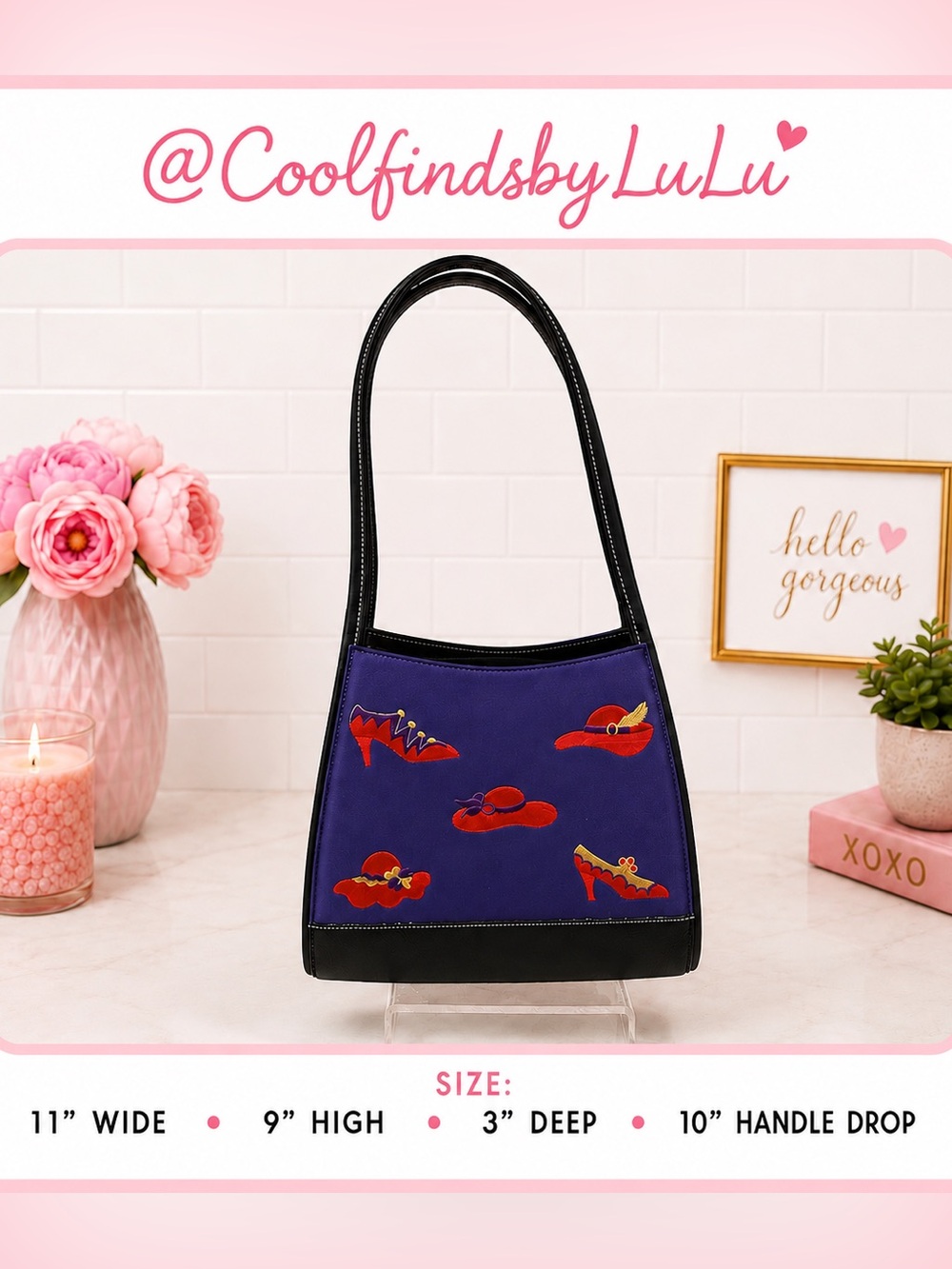 Vintage Embroidered Purple & Black Women's Shoulder Bag with Red Accent